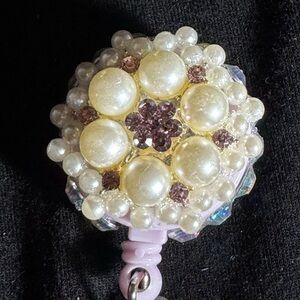Up cycled Pearl Rhinestone Badge Holder Reel Holder Made From Vintage Brooch